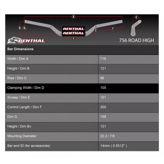 кормило RENTHAL 756-01 Street 7/8 Road High - 22mm